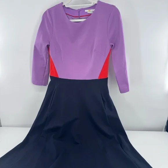 Boden Fit & Flare Midi Dress Purple Navy Blue Color block Ponte Knit Size‎ 6L - Picture 2 of 11